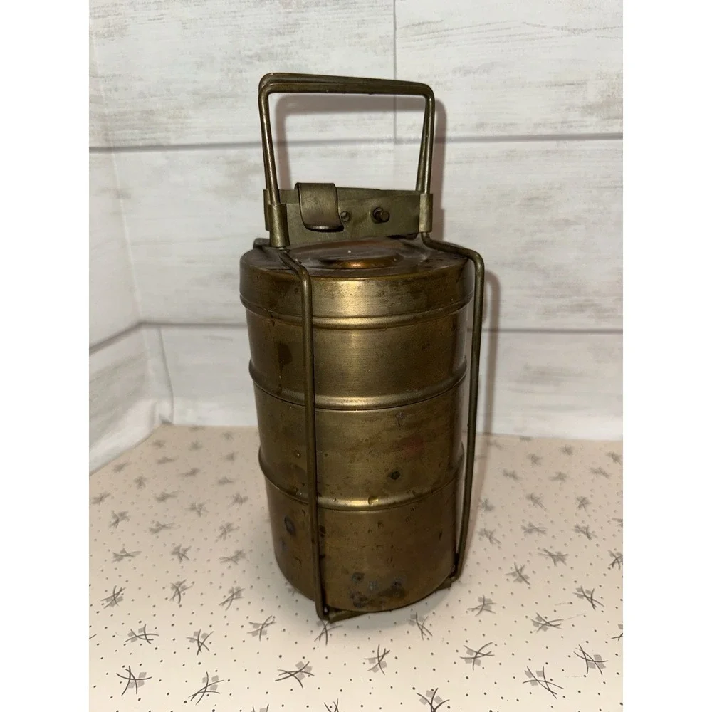 Old Brass Three  Tier‎ Tiffin Food Carrier Round Lunch Box Container Prairie